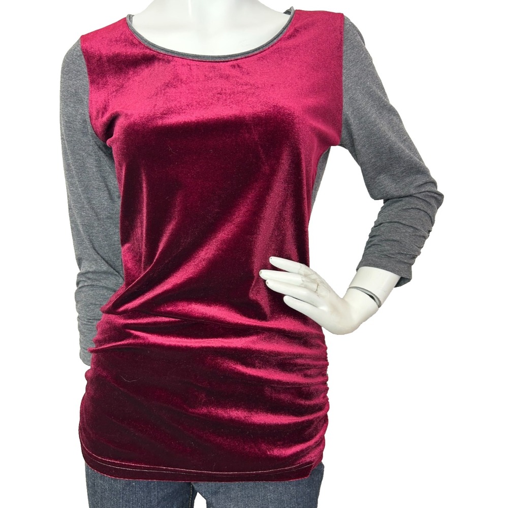 Sundance Velvet Top S Burgundy Red Gray Color Block Ruched 3/4 Sleeve EUC